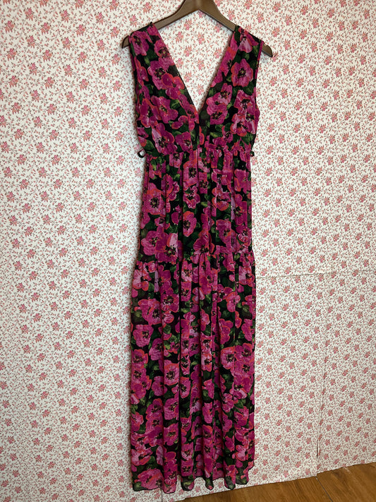 Vintage 1970s Black and Pink Floral V Neck Tiered Maxi Dress