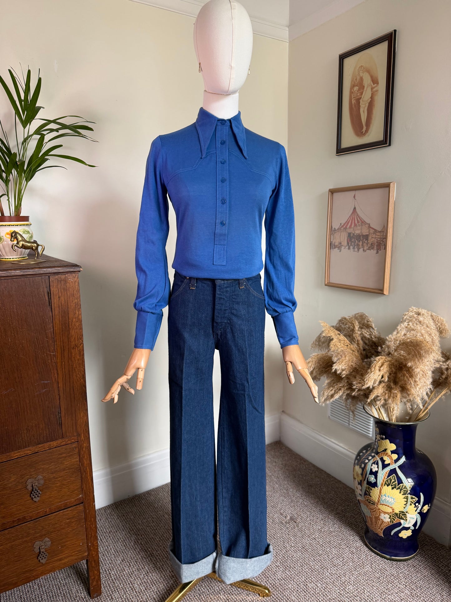 Vintage 1970s Cobalt Blue Fitted Western Style Shirt - Size Small