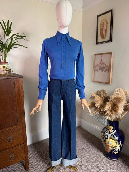Vintage 1970s Cobalt Blue Fitted Western Style Shirt - Size Small