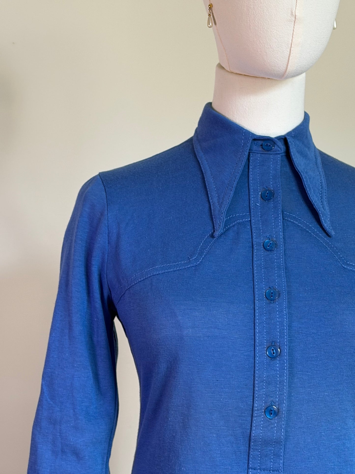 Vintage 1970s Cobalt Blue Fitted Western Style Shirt - Size Small