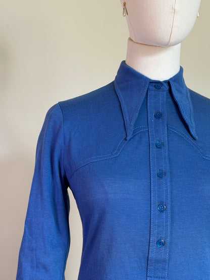 Vintage 1970s Cobalt Blue Fitted Western Style Shirt - Size Small
