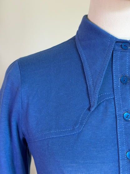 Vintage 1970s Cobalt Blue Fitted Western Style Shirt - Size Small