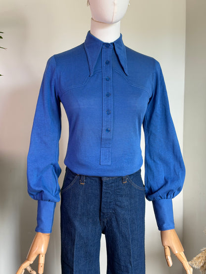 Vintage 1970s Cobalt Blue Fitted Western Style Shirt - Size Small