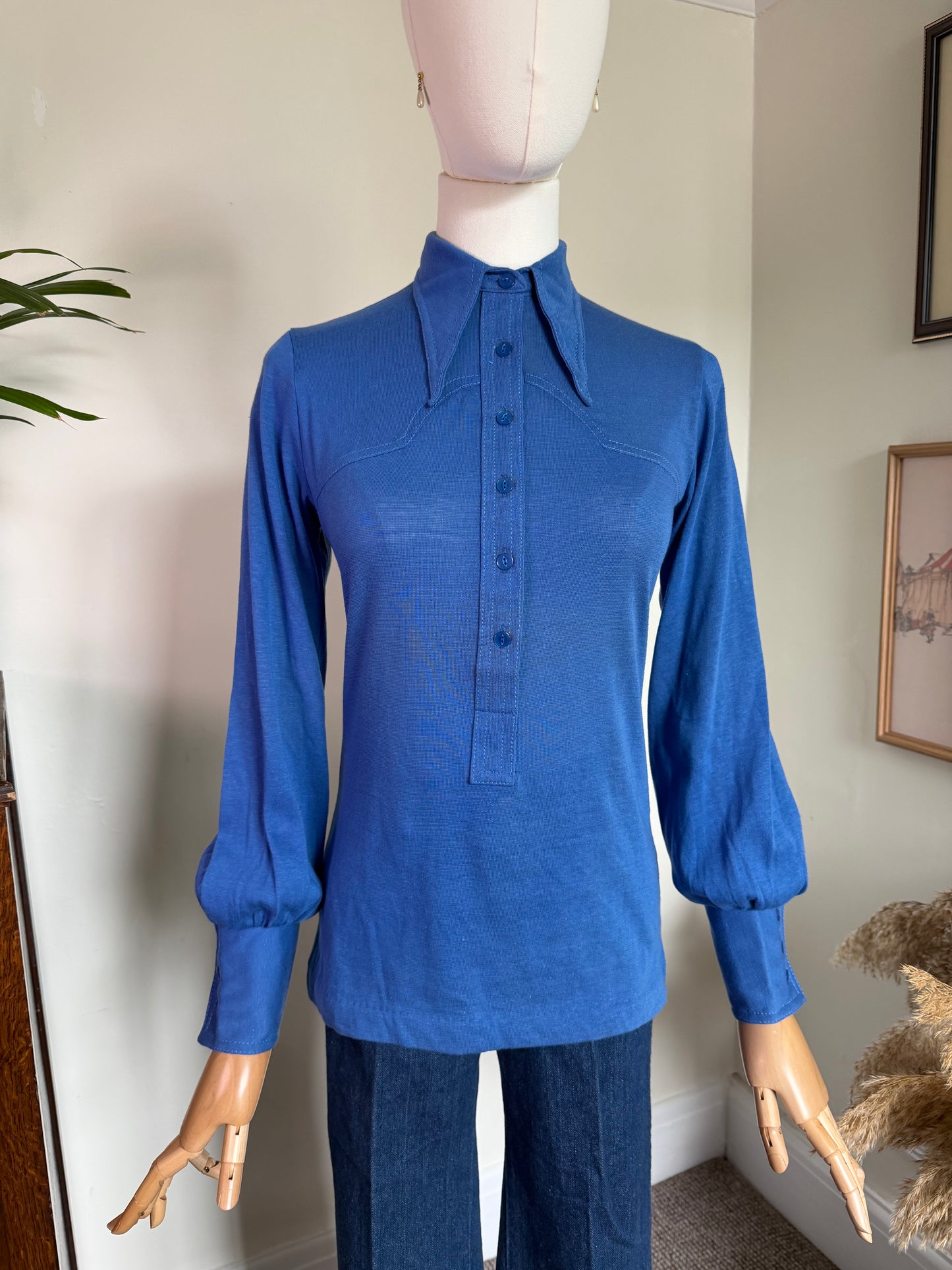 Vintage 1970s Cobalt Blue Fitted Western Style Shirt - Size Small
