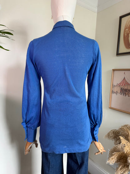 Vintage 1970s Cobalt Blue Fitted Western Style Shirt - Size Small