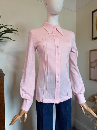 Vintage 1970s Baby Pink Fitted Statement Collar Blouse - Size Medium