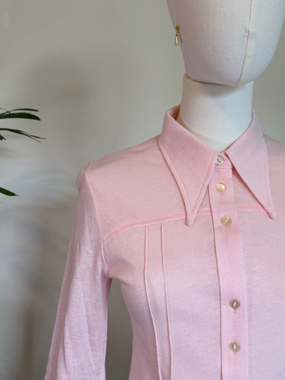 Vintage 1970s Baby Pink Fitted Statement Collar Blouse - Size Medium