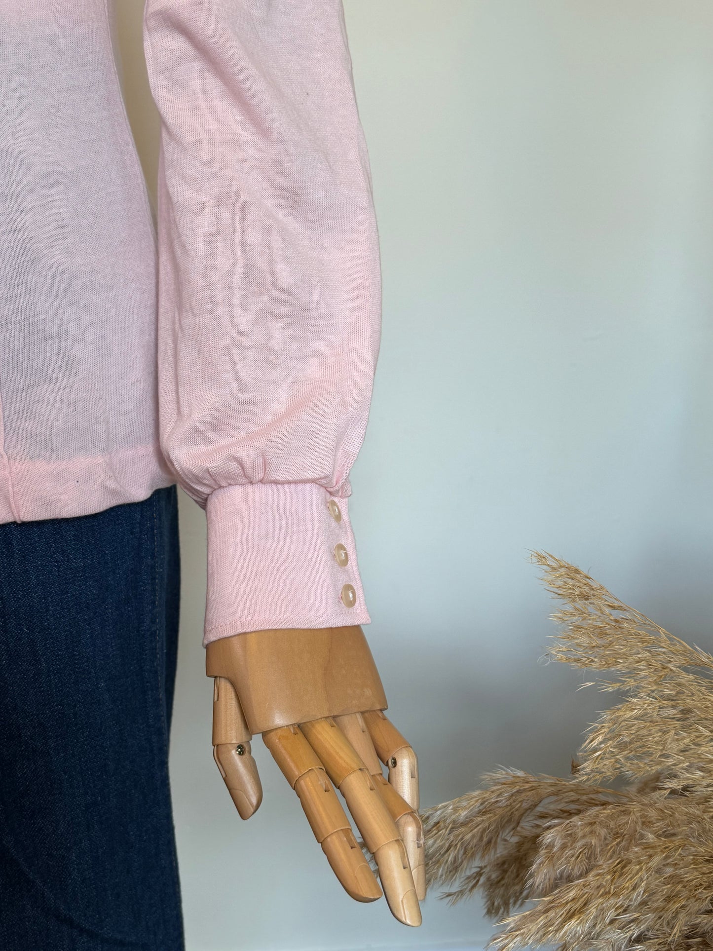 Vintage 1970s Baby Pink Fitted Statement Collar Blouse - Size Medium