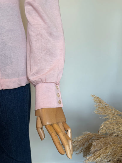 Vintage 1970s Baby Pink Fitted Statement Collar Blouse - Size Medium