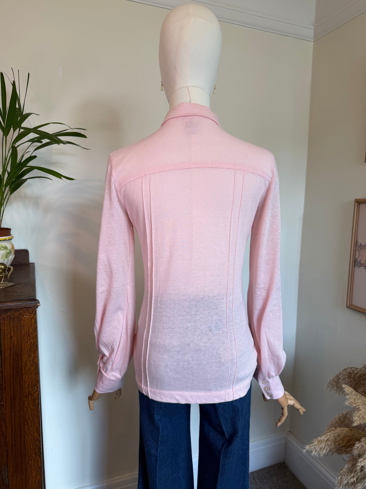 Vintage 1970s Baby Pink Fitted Statement Collar Blouse - Size Medium