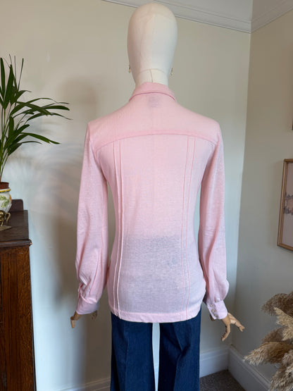 Vintage 1970s Baby Pink Fitted Statement Collar Blouse - Size Medium