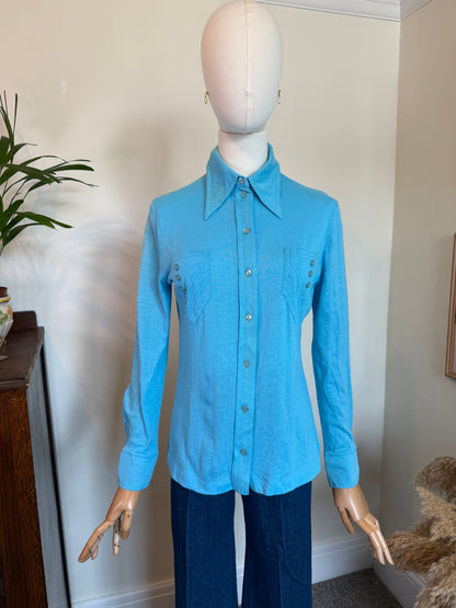 Vintage 1970s Turquoise Blue Point-Collar Shirt - Size Small/Medium