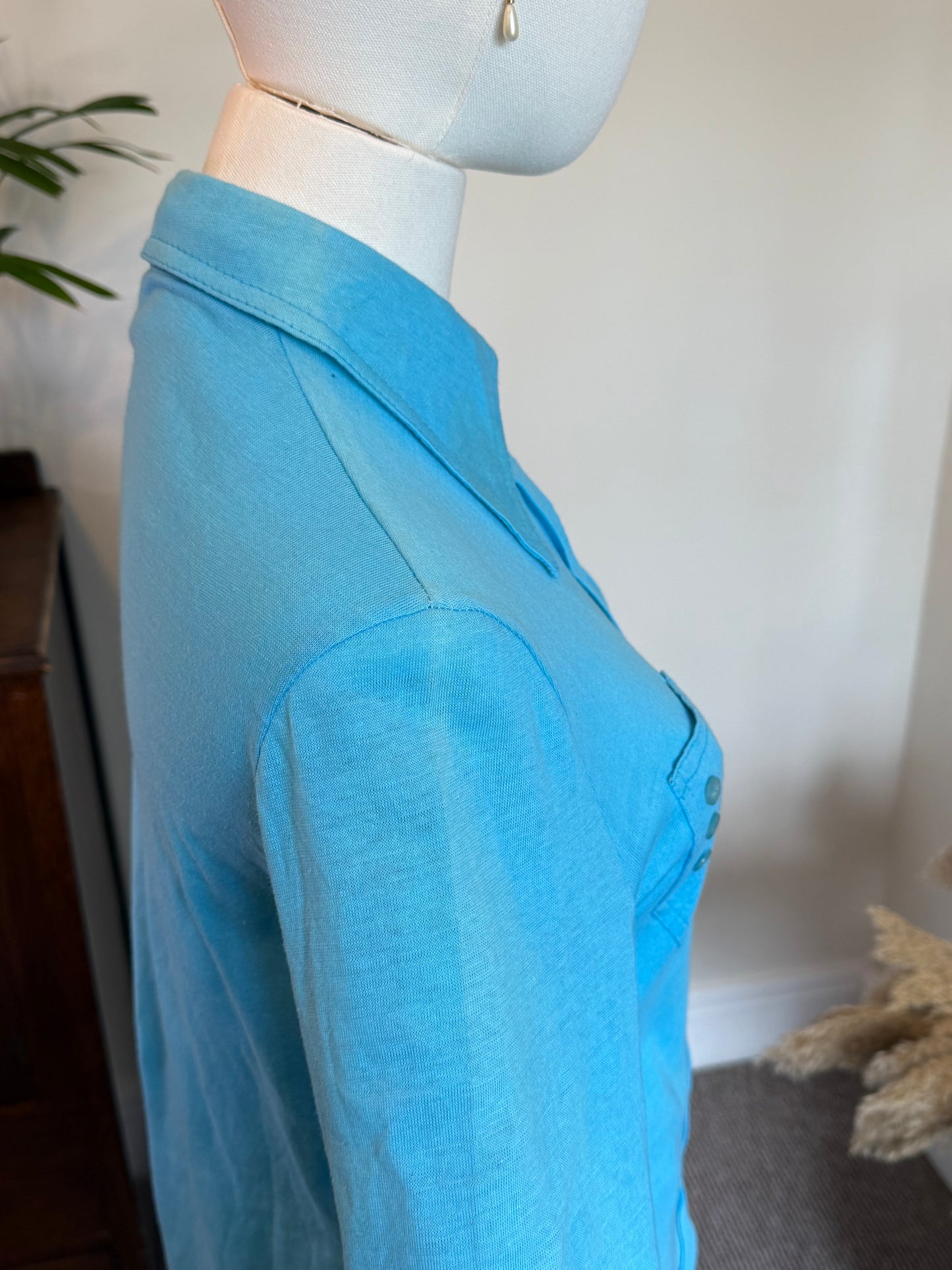 Vintage 1970s Turquoise Blue Point-Collar Shirt - Size Small/Medium