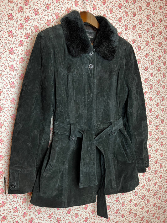 Vintage 1980s Full Suede Belted Short Black Jacket with Faux Fur