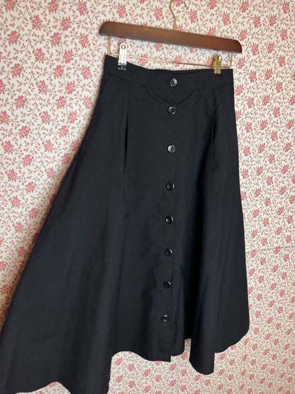 Vintage 1960s Black Full A Line Midi Skirt with Buttons and Pockets