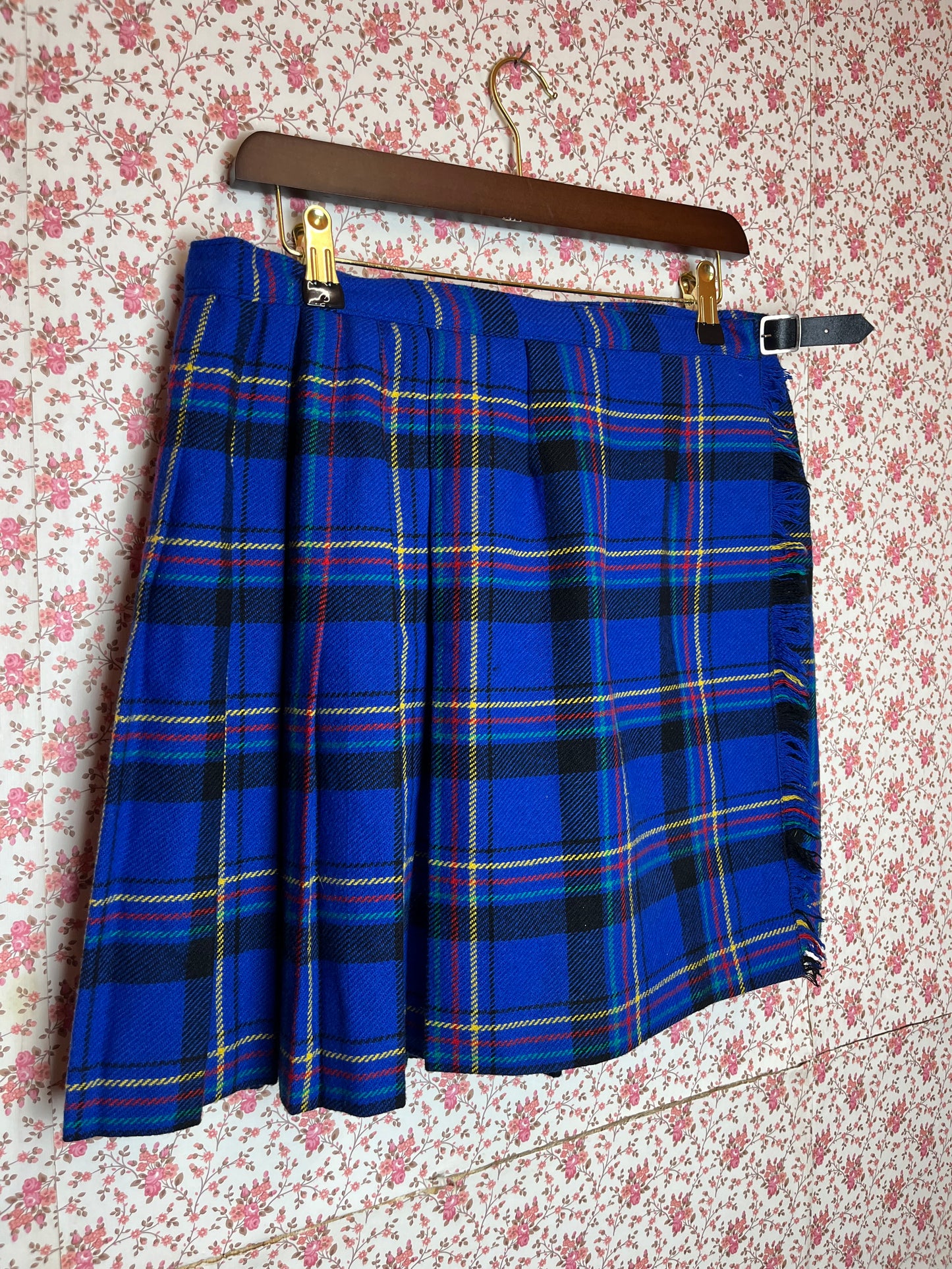 Vintage 1980s Blue Checked Wool Pleated Wrap Mini Skirt