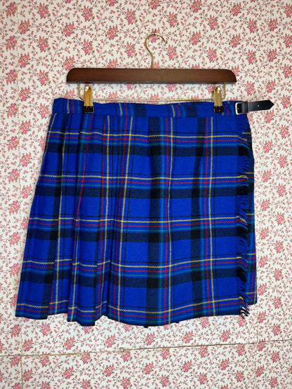 Vintage 1980s Blue Checked Wool Pleated Wrap Mini Skirt