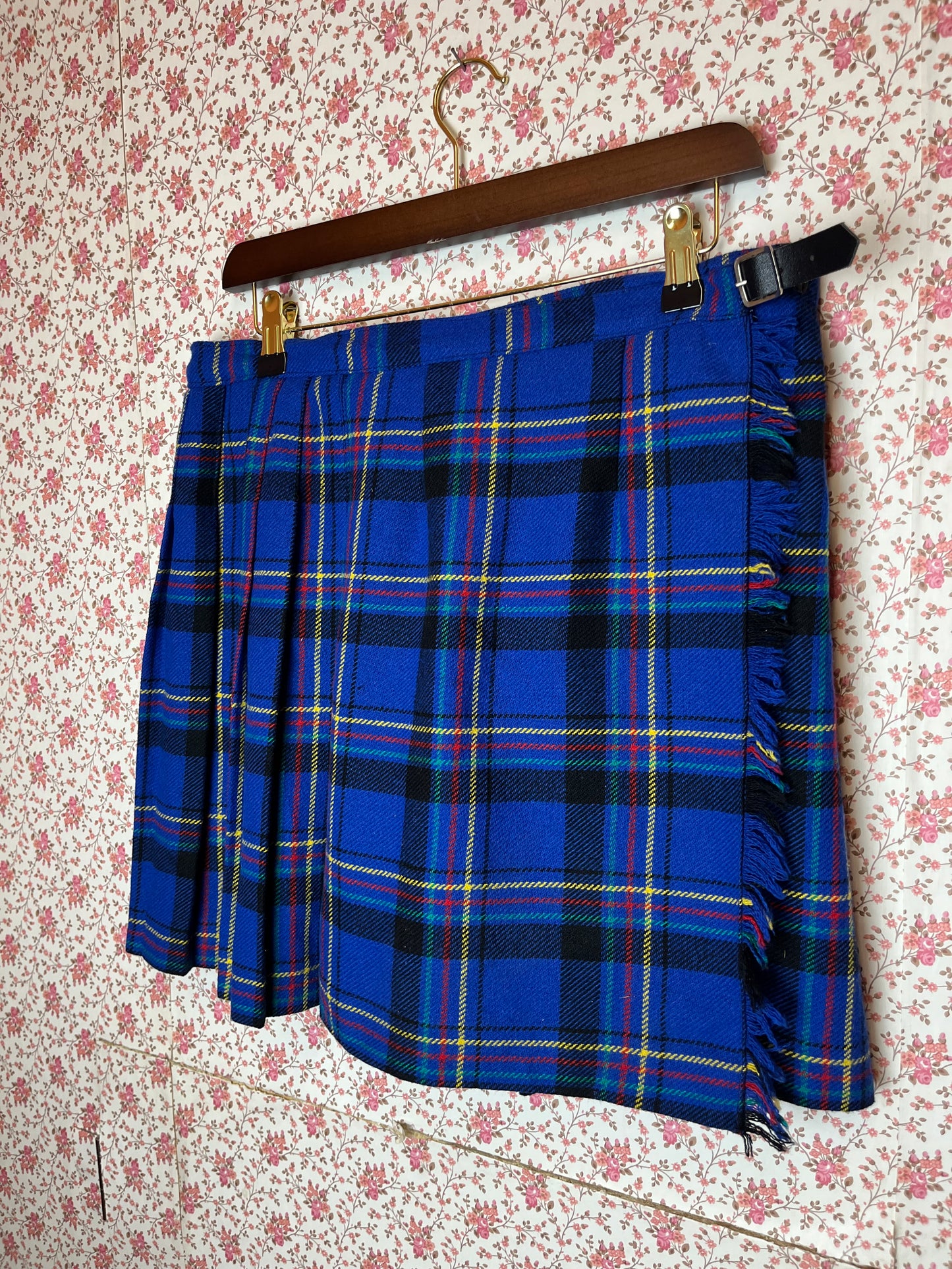 Vintage 1980s Blue Checked Wool Pleated Wrap Mini Skirt