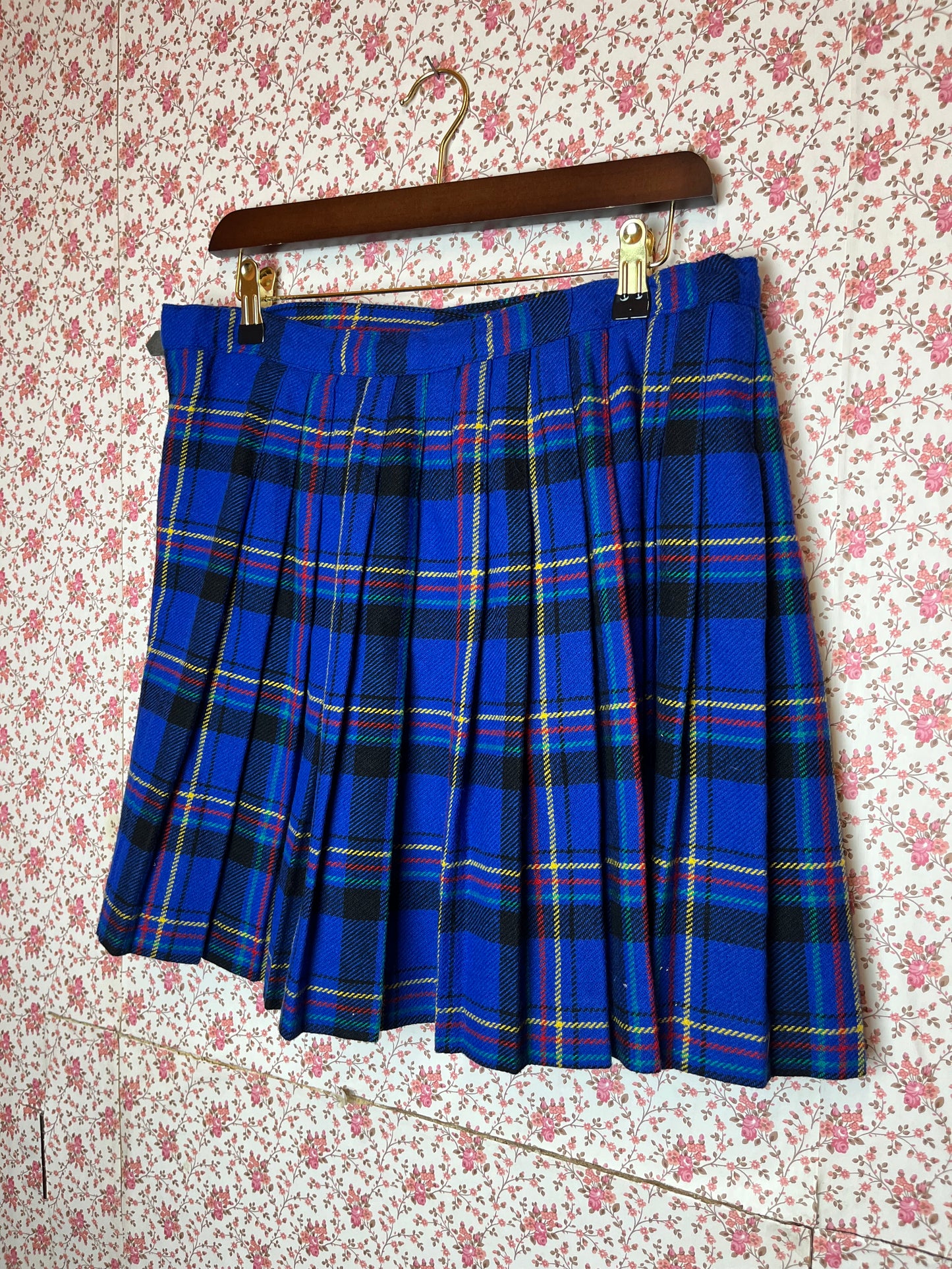 Vintage 1980s Blue Checked Wool Pleated Wrap Mini Skirt