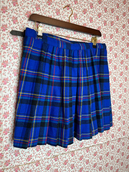 Vintage 1980s Blue Checked Wool Pleated Wrap Mini Skirt