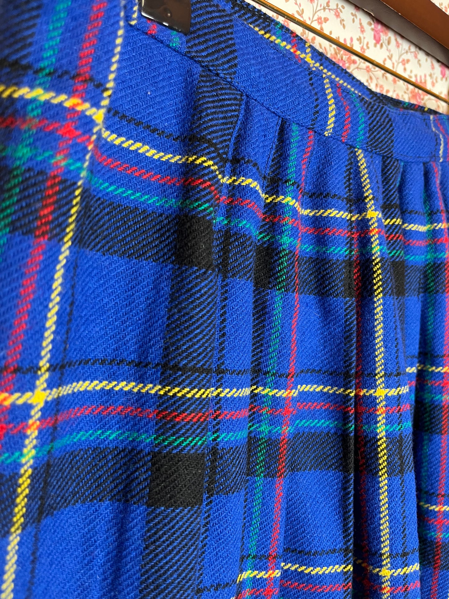 Vintage 1980s Blue Checked Wool Pleated Wrap Mini Skirt