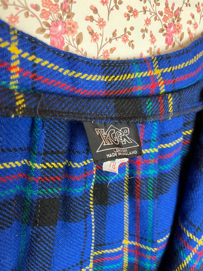 Vintage 1980s Blue Checked Wool Pleated Wrap Mini Skirt