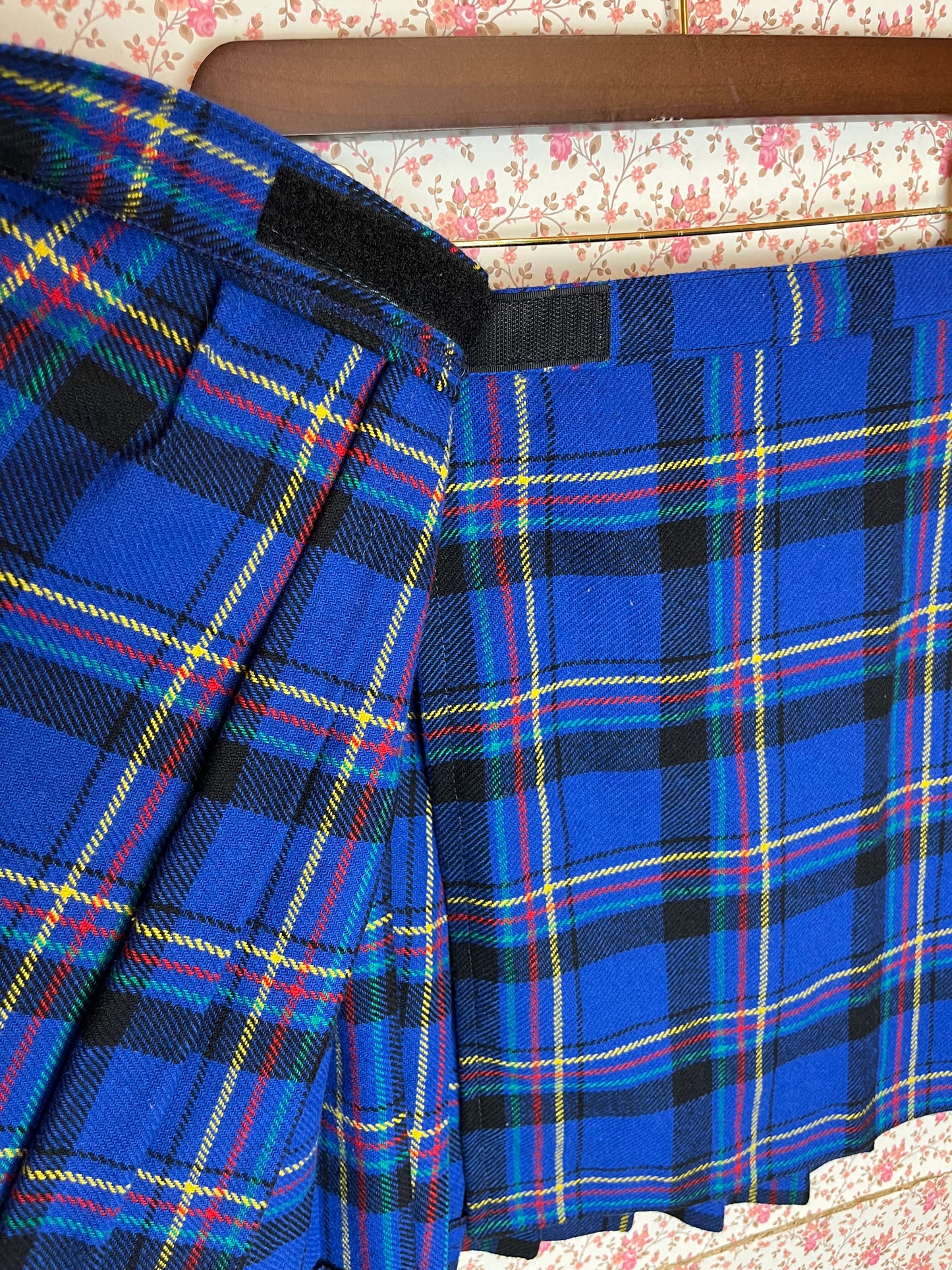 Vintage 1980s Blue Checked Wool Pleated Wrap Mini Skirt