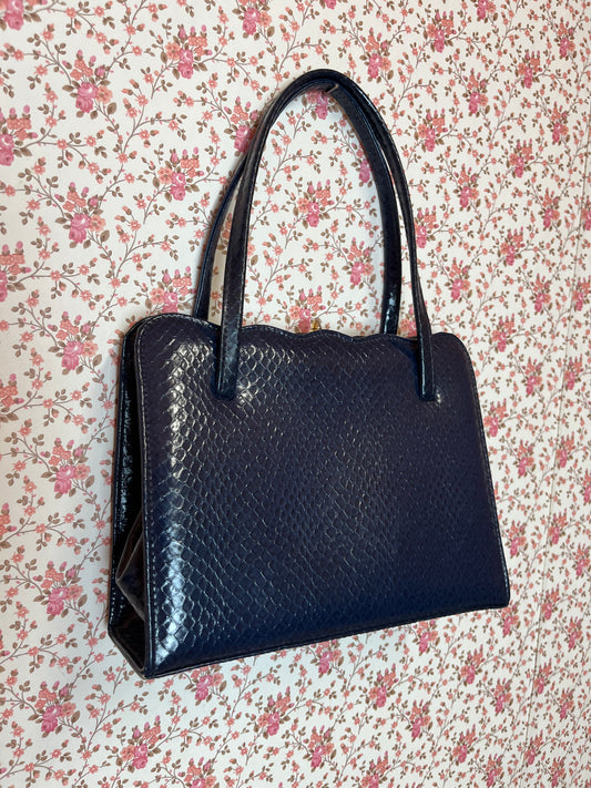 Vintage 1960s Navy Snakeskin Hand Bag