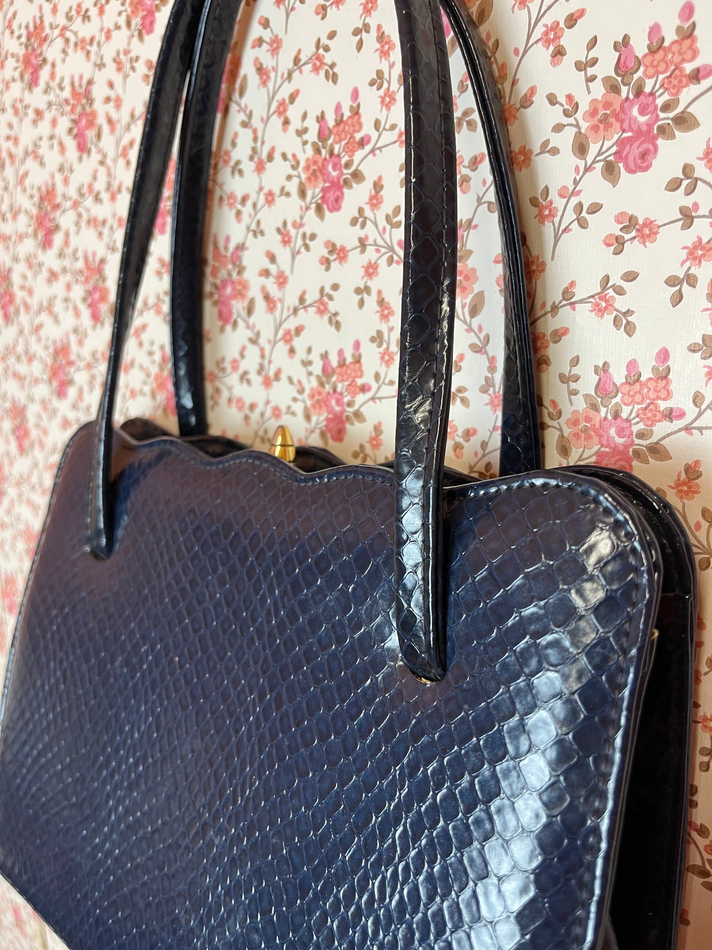 Vintage 1960s Navy Snakeskin Hand Bag