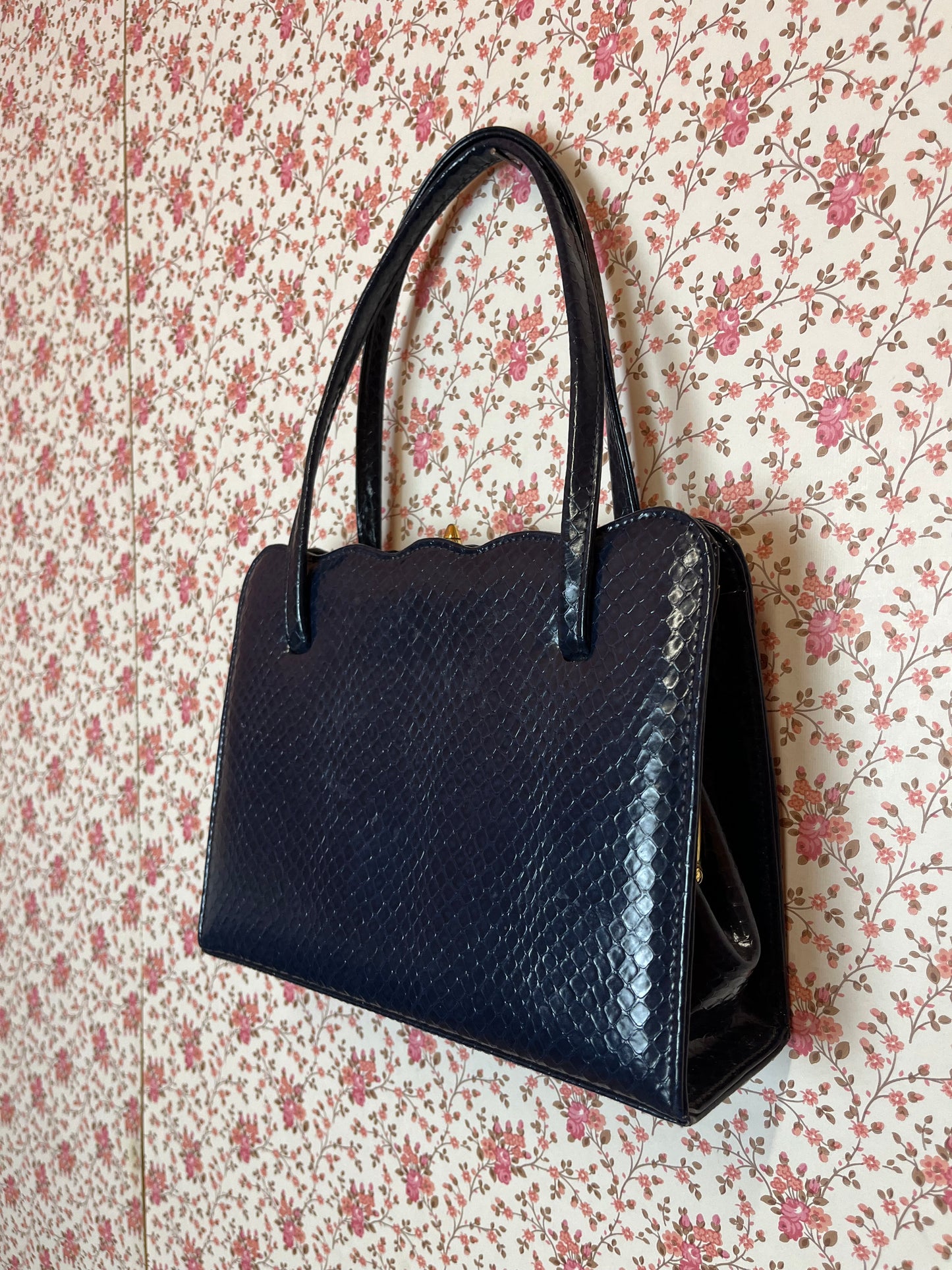 Vintage 1960s Navy Snakeskin Hand Bag