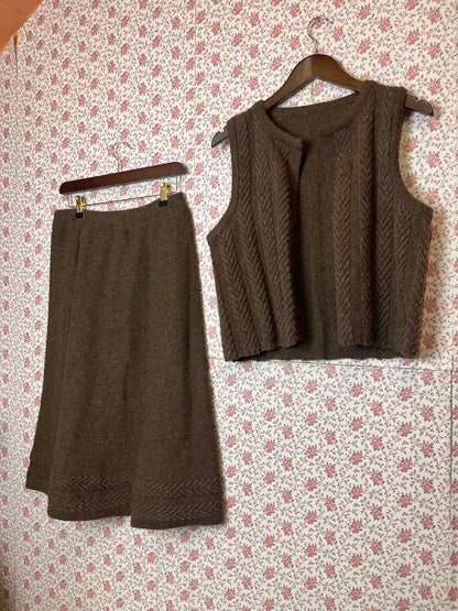 Vintage 1970s Hand Knitted Brown Wool Waistcoat and Skirt Set