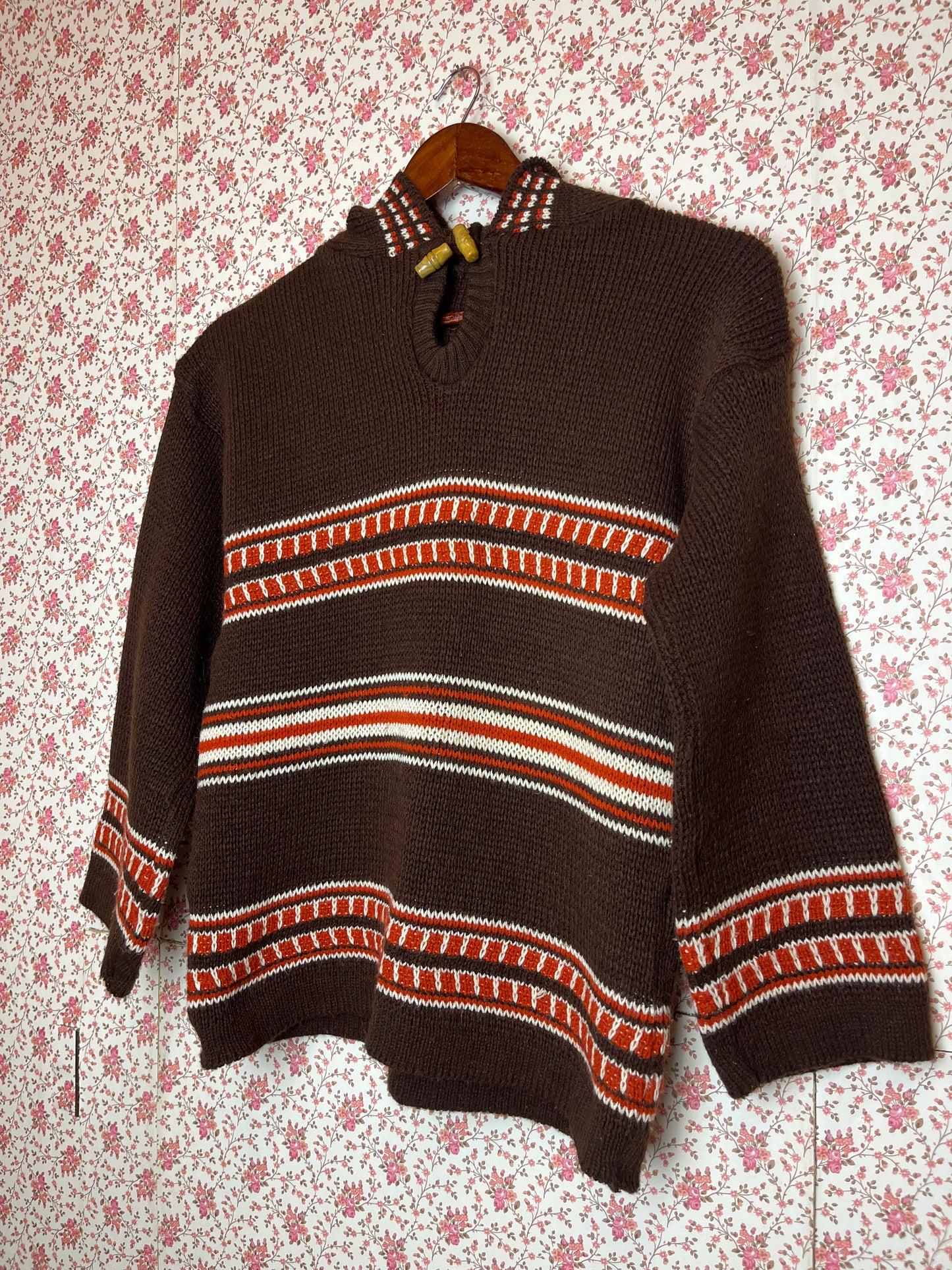 Vintage 1970s Hand Knitted Brown Stripe Hooded Jumper with Hood