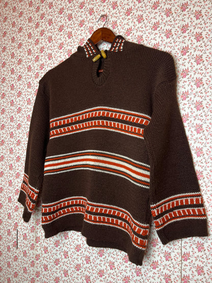 Vintage 1970s Hand Knitted Brown Stripe Hooded Jumper with Hood