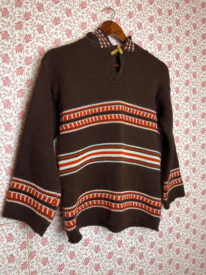 Vintage 1970s Hand Knitted Brown Stripe Hooded Jumper with Hood