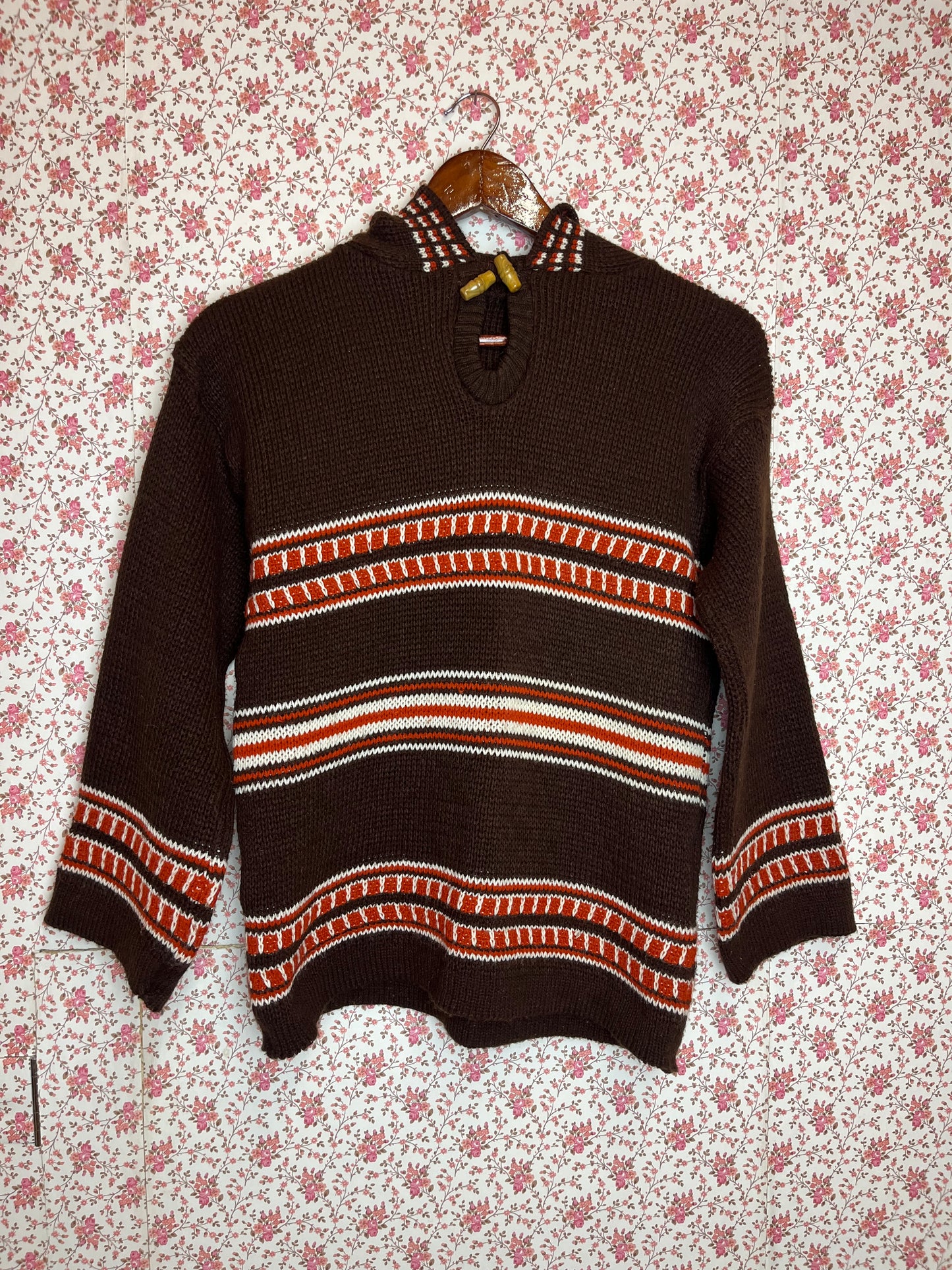 Vintage 1970s Hand Knitted Brown Stripe Hooded Jumper with Hood