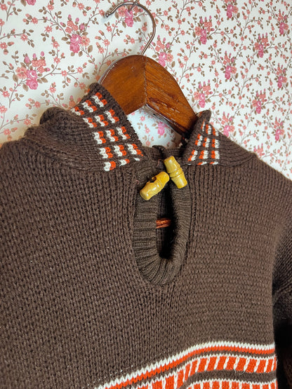 Vintage 1970s Hand Knitted Brown Stripe Hooded Jumper with Hood