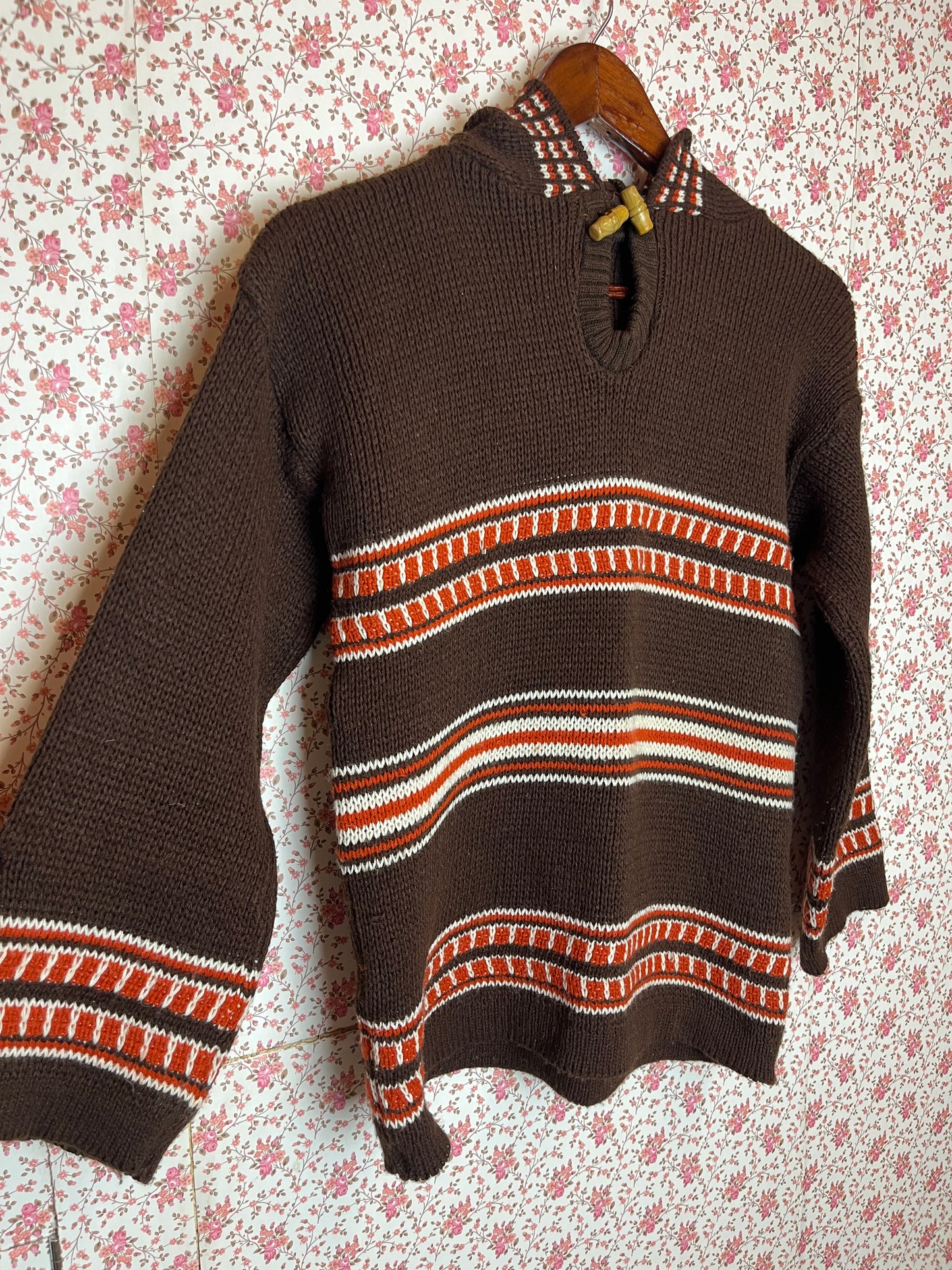 Vintage 1970s Hand Knitted Brown Stripe Hooded Jumper with Hood