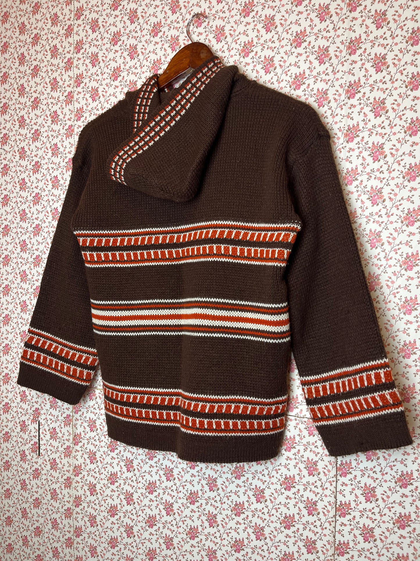 Vintage 1970s Hand Knitted Brown Stripe Hooded Jumper with Hood