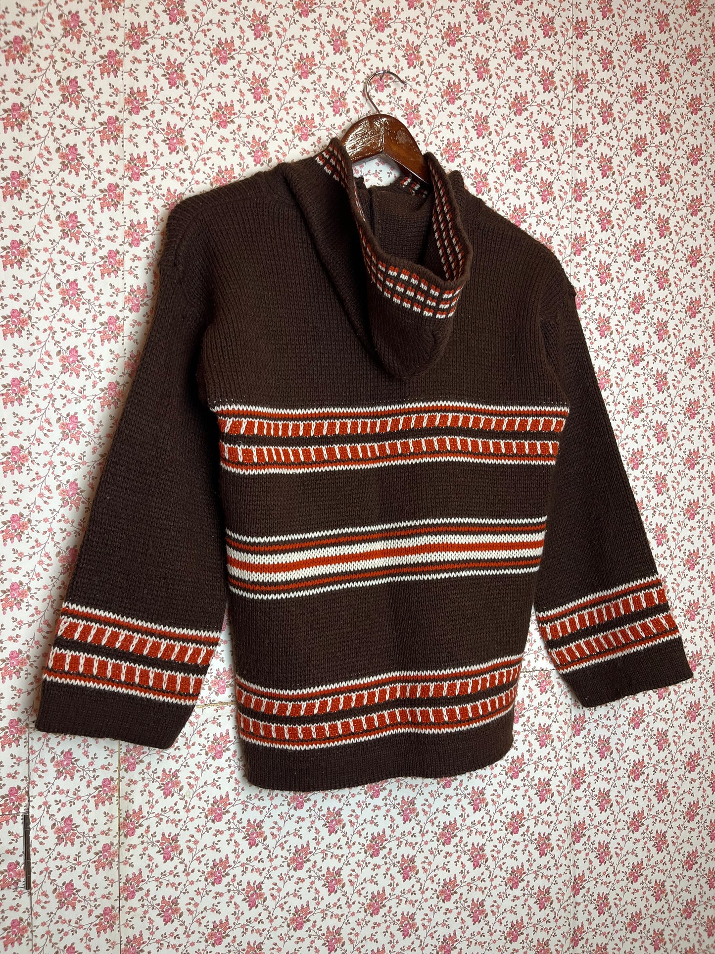 Vintage 1970s Hand Knitted Brown Stripe Hooded Jumper with Hood