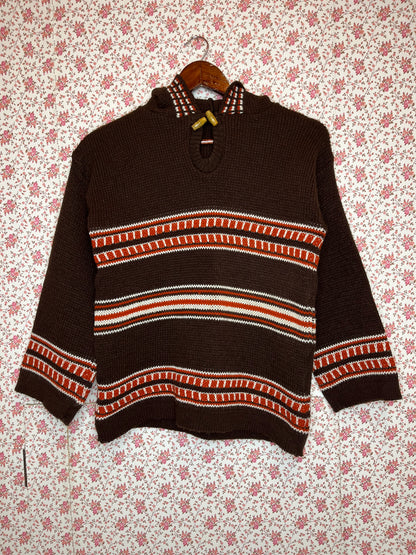 Vintage 1970s Hand Knitted Brown Stripe Hooded Jumper with Hood