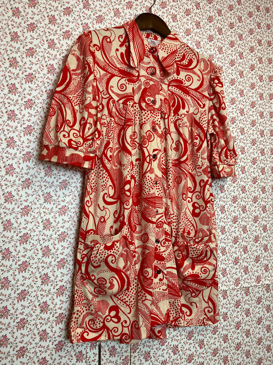 Vintage 1970s Pattern Collared Babydoll Dress