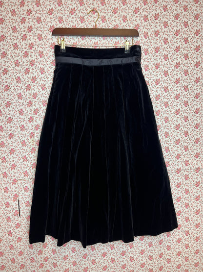 Vintage 1970s Black Cotton Velvet Full Pleated Midi Skirt.