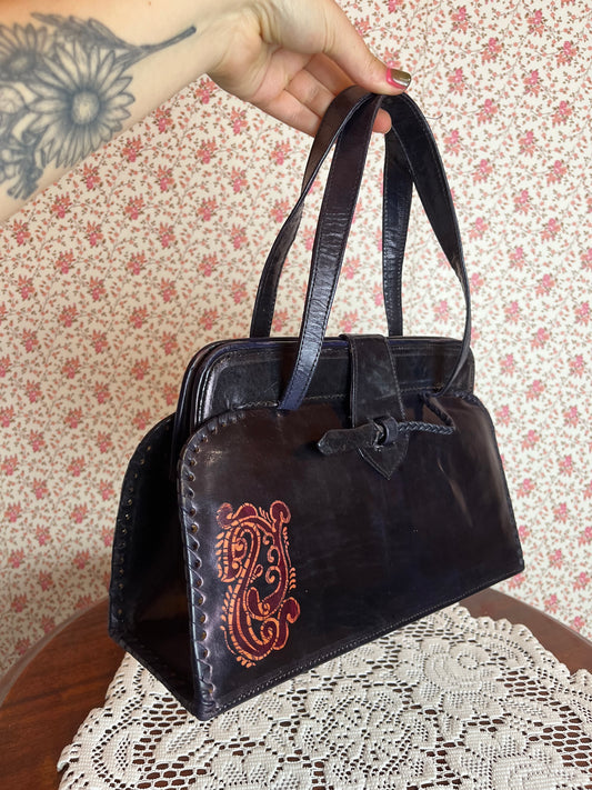 Vintage 1970s Purple Leather Bound Handbag