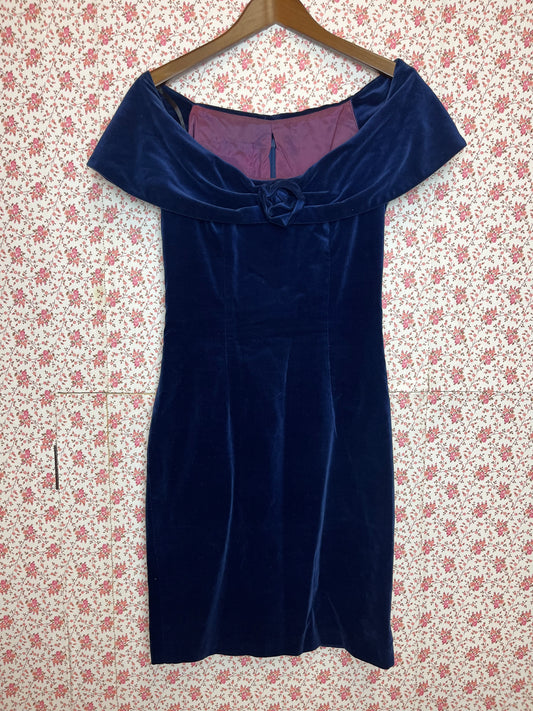 Vintage 1950s Navy Blue Cotton Velvet Bardot Mini Dress