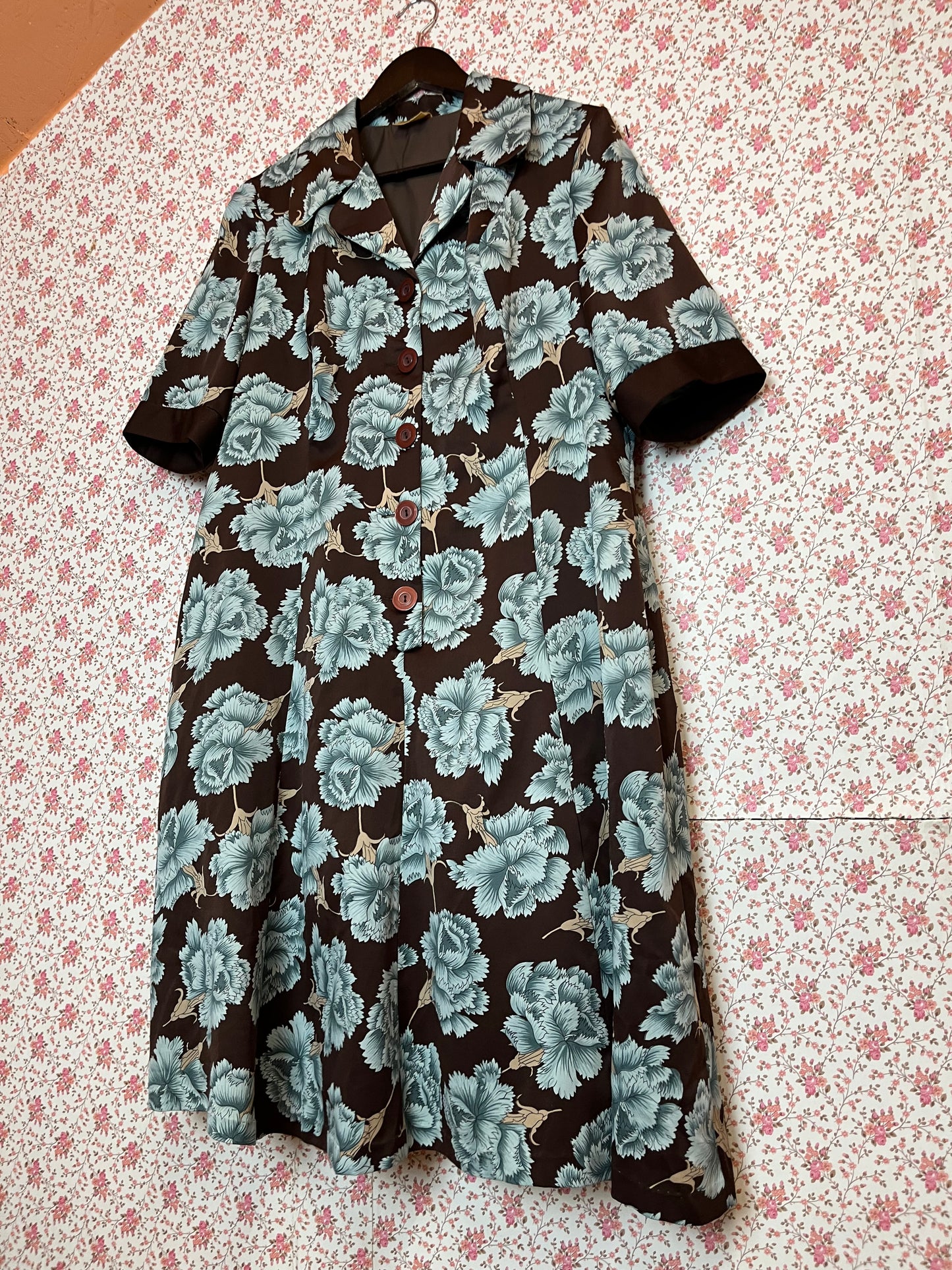 Vintage 1970s Brown & Blue Floral Tea Dress