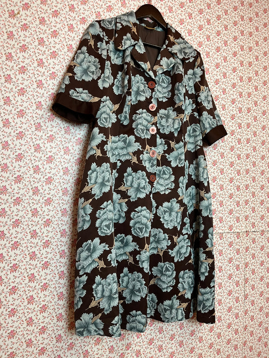 Vintage 1970s Brown & Blue Floral Tea Dress
