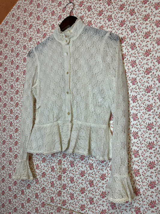 Vintage 1970s Lace High Neck Peplum Blouse