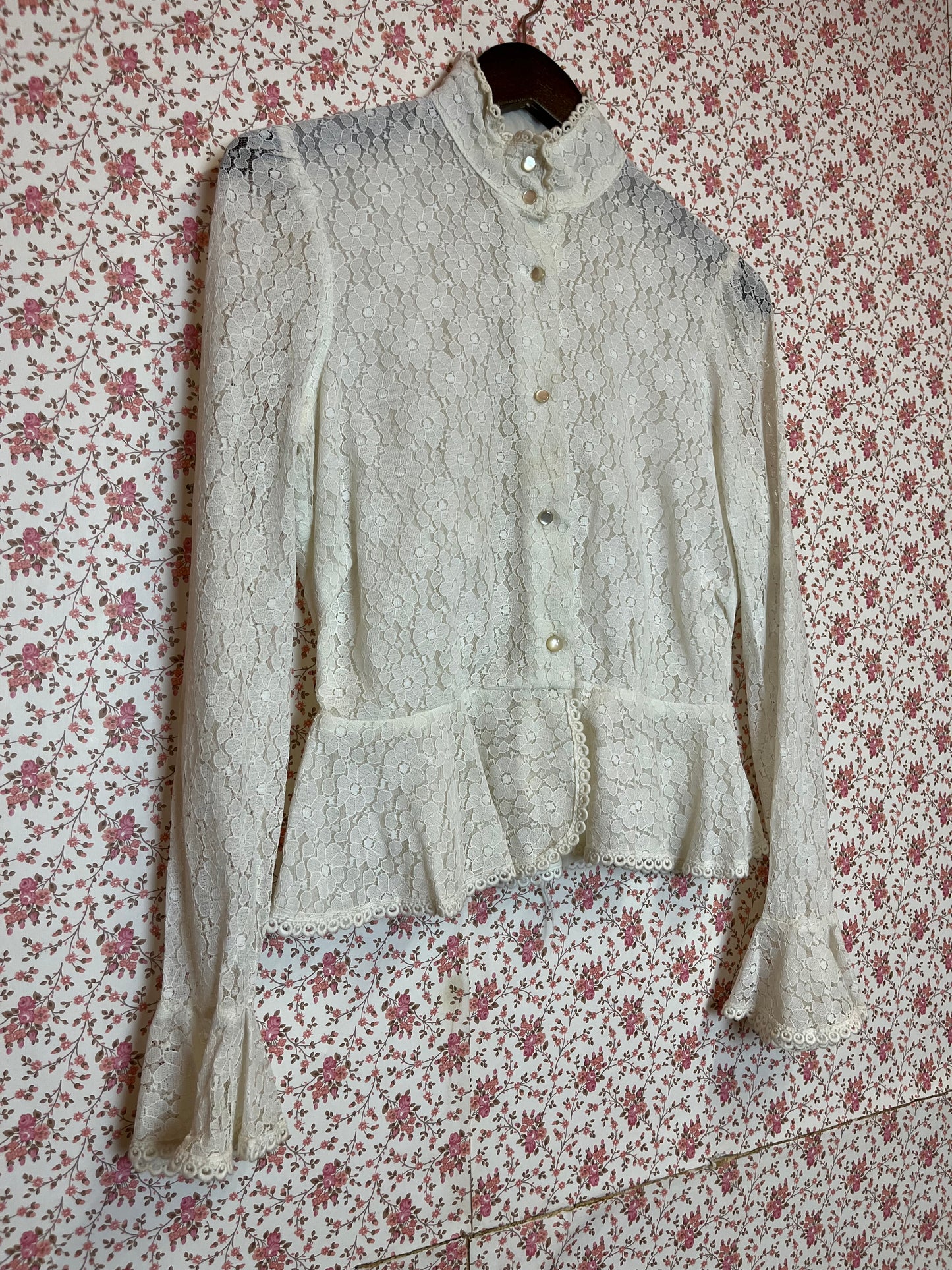Vintage 1970s Lace High Neck Peplum Blouse
