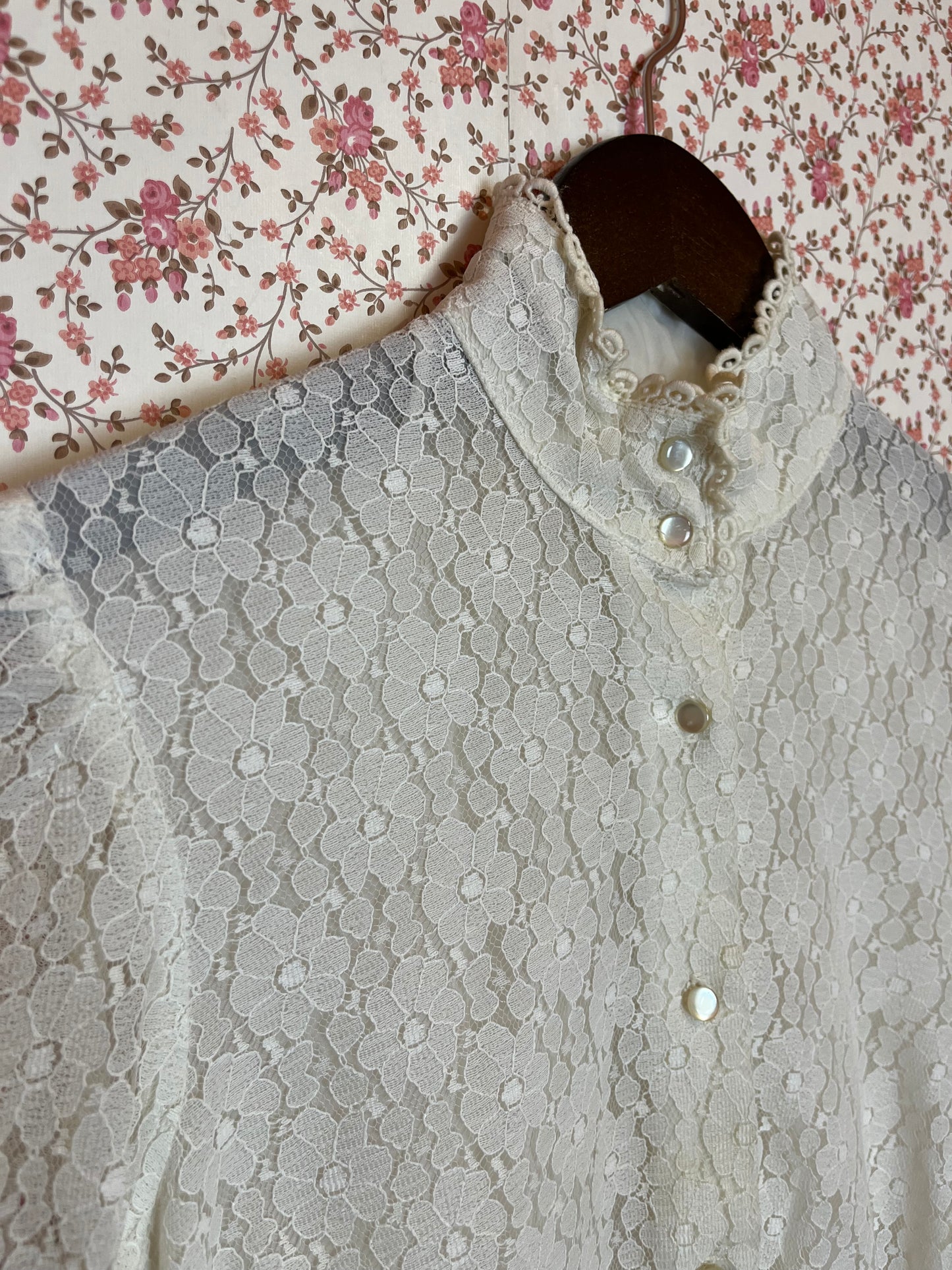 Vintage 1970s Lace High Neck Peplum Blouse