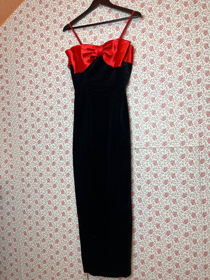 Vintage 1960s Black Velvet & Red Satin Bow Evening Dress